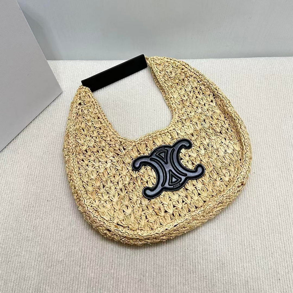 Celine classic panier HOBO BAG IN Raffia and Calfskin 112772 Nuture Black