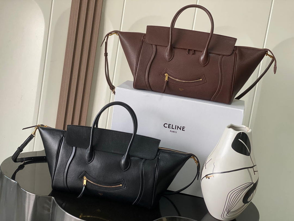Celine L100E3GW2 MEDIUM NEW LUGGAGE IN SUPPLE SHINY LAMBSKIN Brown Red