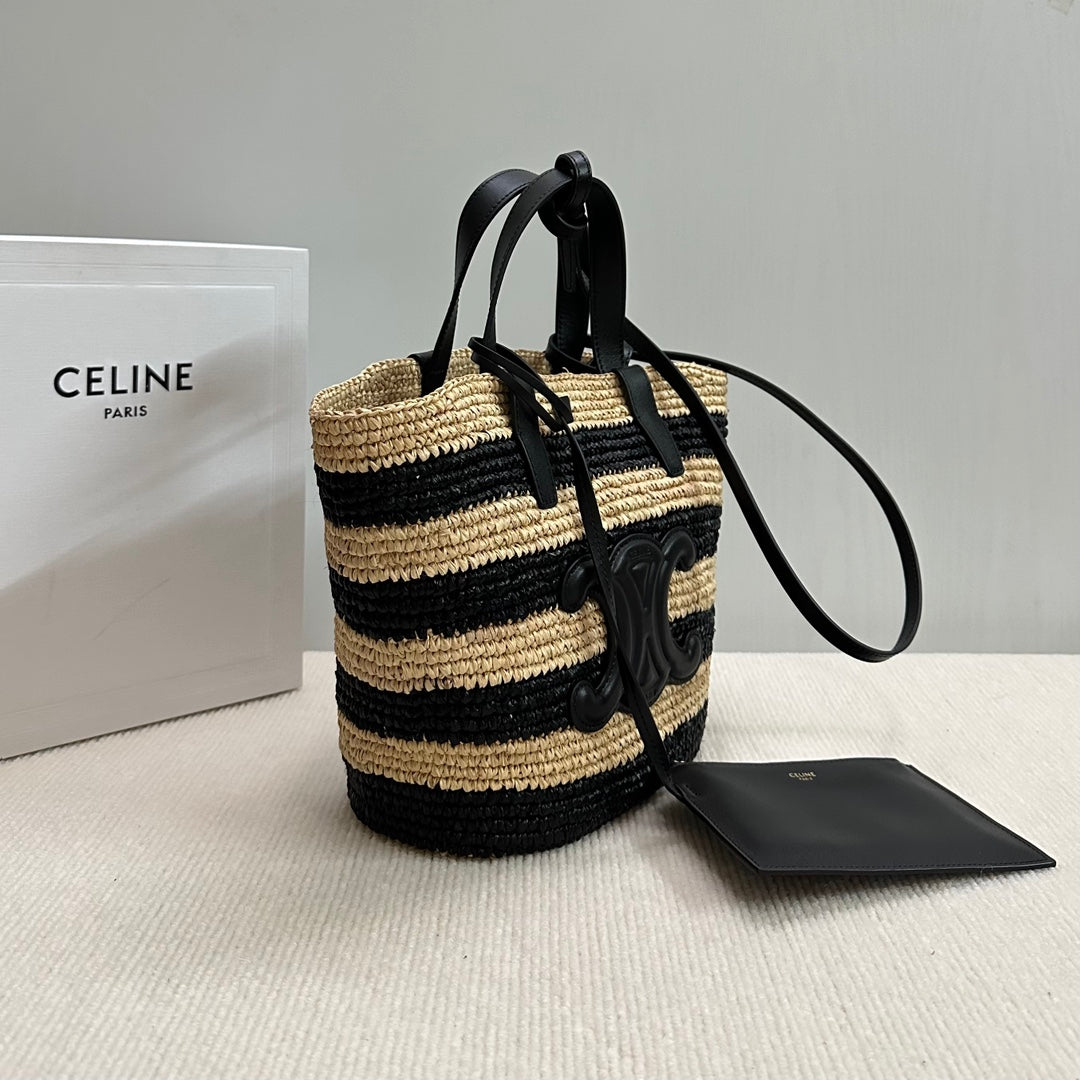 CELINE TEEN SUPPLE CELINE CLASSIC PANIER IN Raffia and calfskin 115802 Nature &Black