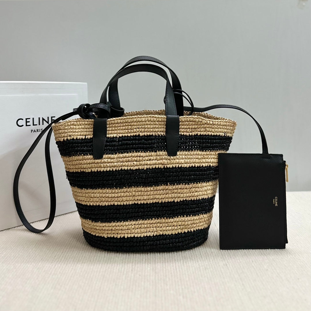 CELINE TEEN SUPPLE CELINE CLASSIC PANIER IN Raffia and calfskin 115802 Nature &Black