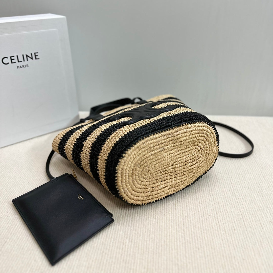CELINE TEEN SUPPLE CELINE CLASSIC PANIER IN Raffia and calfskin 115802 Nature &Black