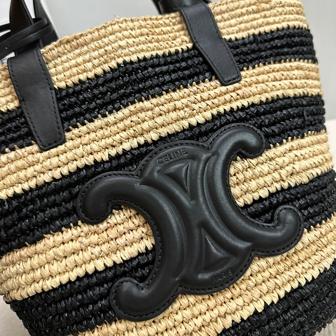 CELINE TEEN SUPPLE CELINE CLASSIC PANIER IN Raffia and calfskin 115802 Nature &Black
