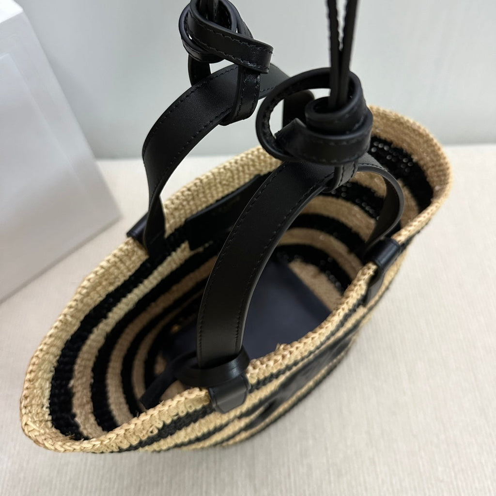 CELINE TEEN SUPPLE CELINE CLASSIC PANIER IN Raffia and calfskin 115802 Nature &Black