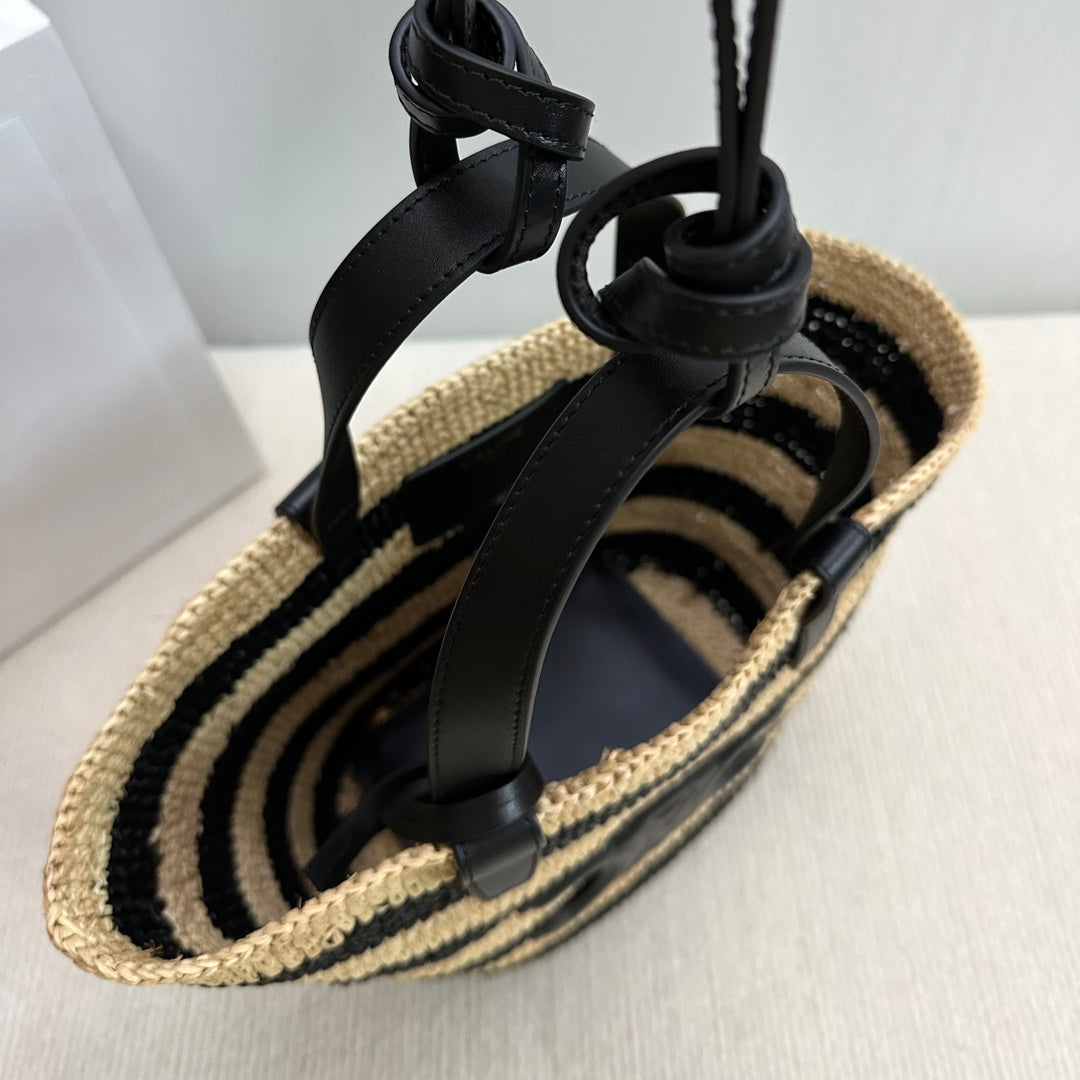 CELINE TEEN SUPPLE CELINE CLASSIC PANIER IN Raffia and calfskin 115802 Nature &Black
