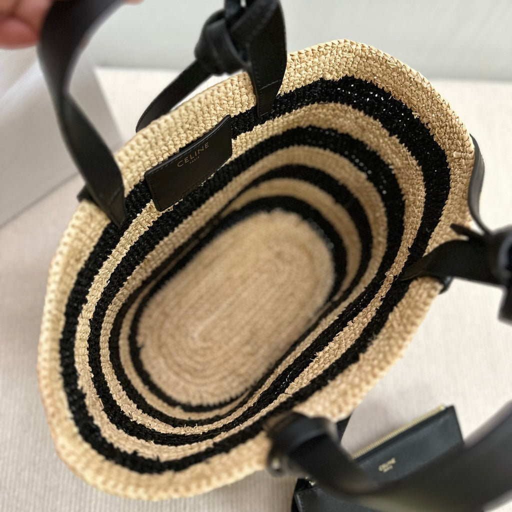 CELINE TEEN SUPPLE CELINE CLASSIC PANIER IN Raffia and calfskin 115802 Nature &Black