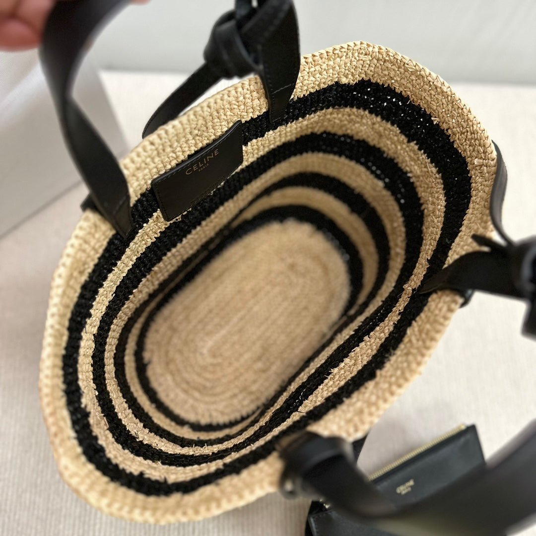 CELINE TEEN SUPPLE CELINE CLASSIC PANIER IN Raffia and calfskin 115802 Nature &Black
