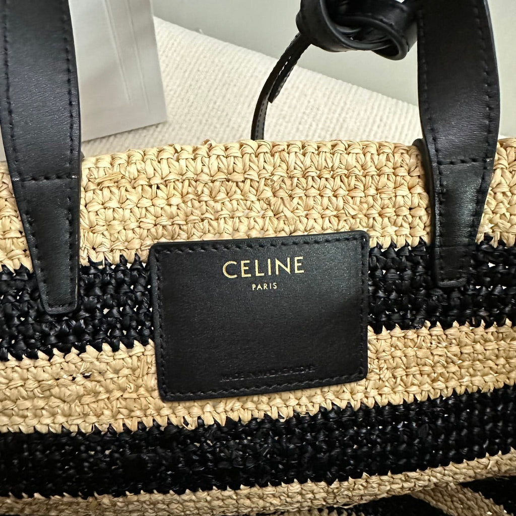 CELINE TEEN SUPPLE CELINE CLASSIC PANIER IN Raffia and calfskin 115802 Nature &Black