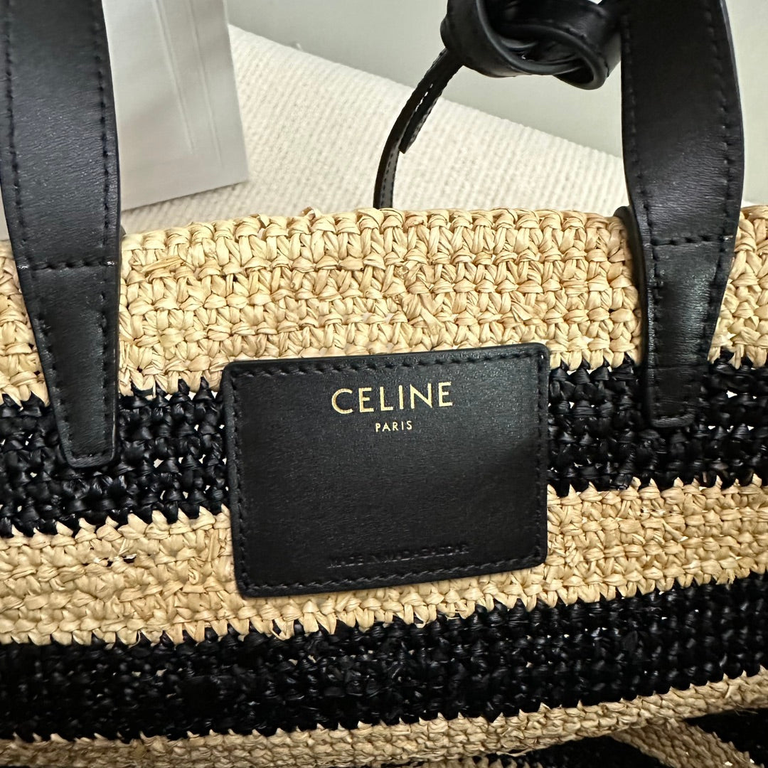 CELINE TEEN SUPPLE CELINE CLASSIC PANIER IN Raffia and calfskin 115802 Nature &Black