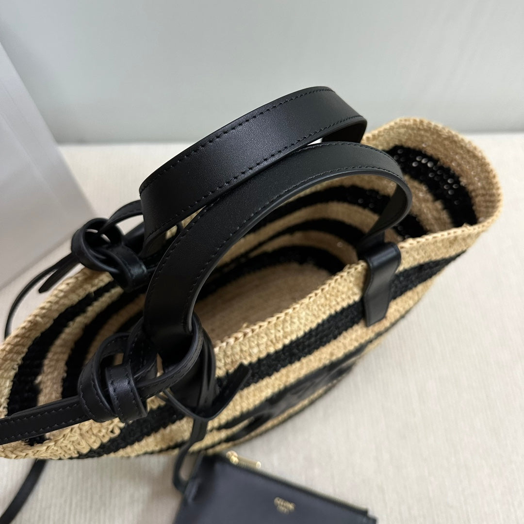 CELINE TEEN SUPPLE CELINE CLASSIC PANIER IN Raffia and calfskin 115802 Nature &Black