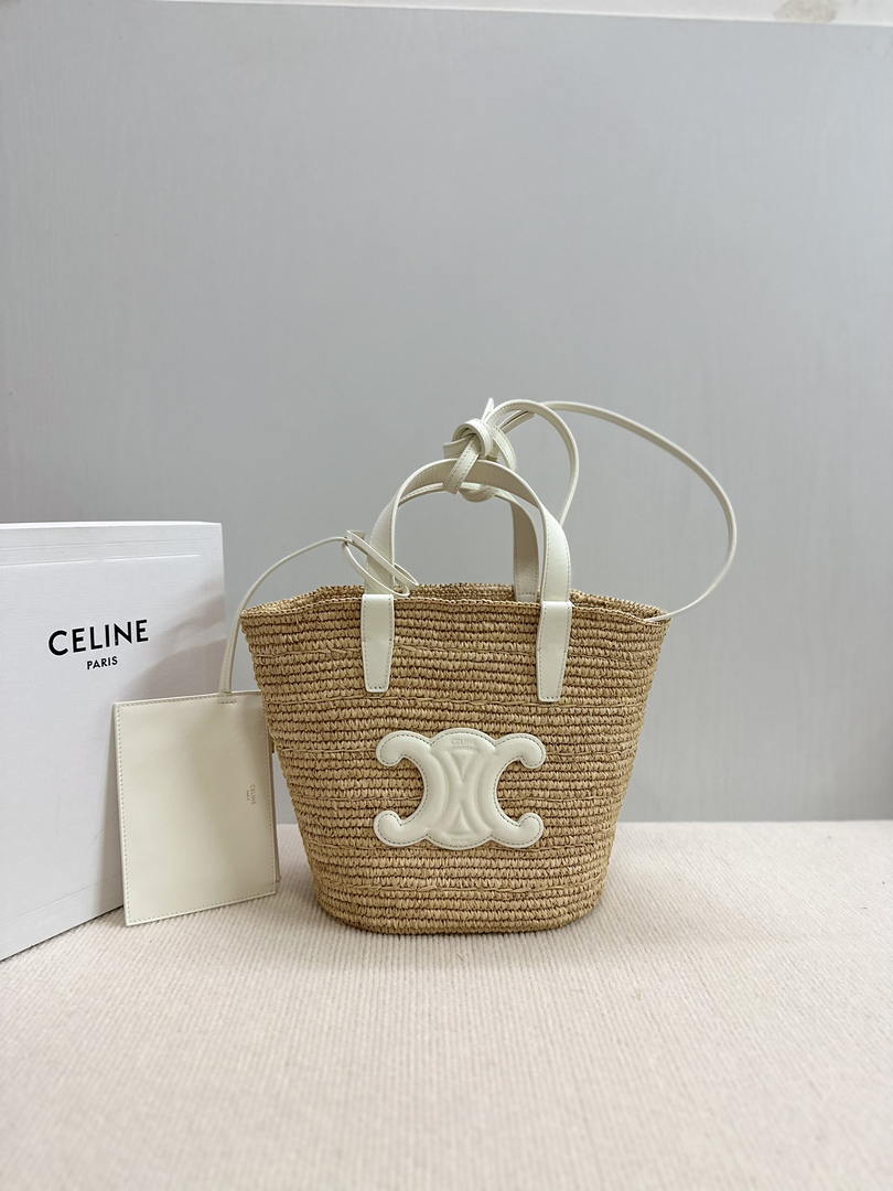 CELINE TEEN SUPPLE CELINE CLASSIC PANIER IN Raffia and calfskin 115802 Nature White