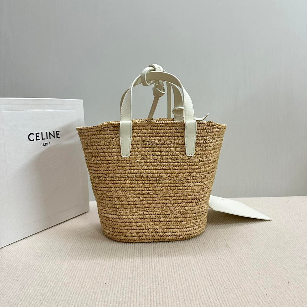 CELINE TEEN SUPPLE CELINE CLASSIC PANIER IN Raffia and calfskin 115802 Nature White