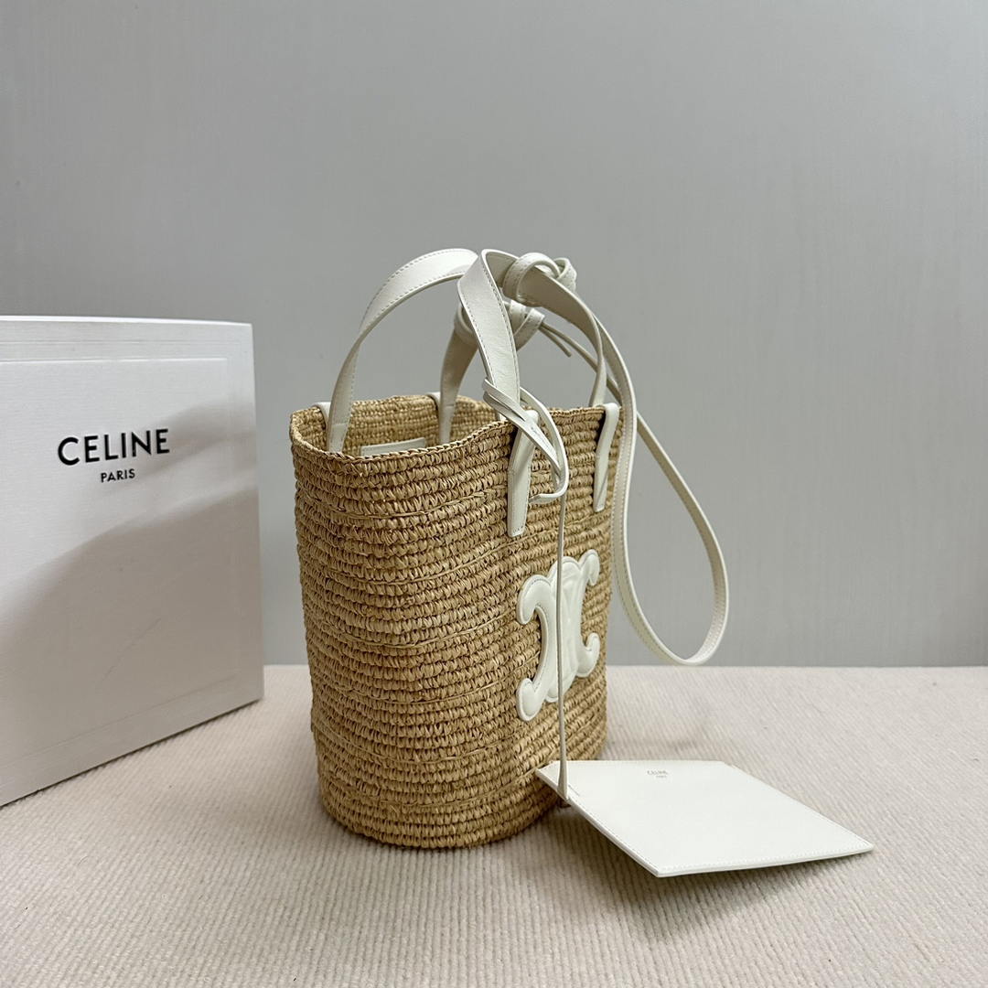 CELINE TEEN SUPPLE CELINE CLASSIC PANIER IN Raffia and calfskin 115802 Nature White