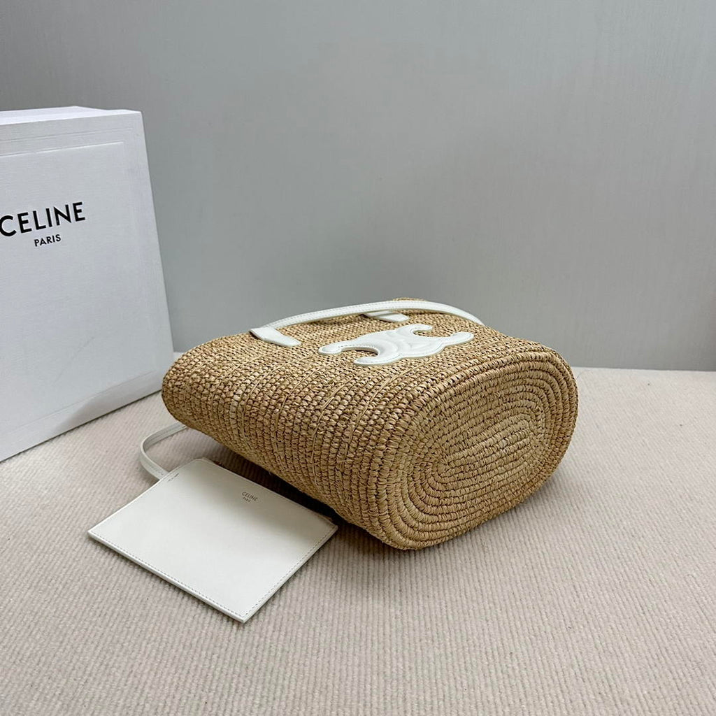 CELINE TEEN SUPPLE CELINE CLASSIC PANIER IN Raffia and calfskin 115802 Nature White