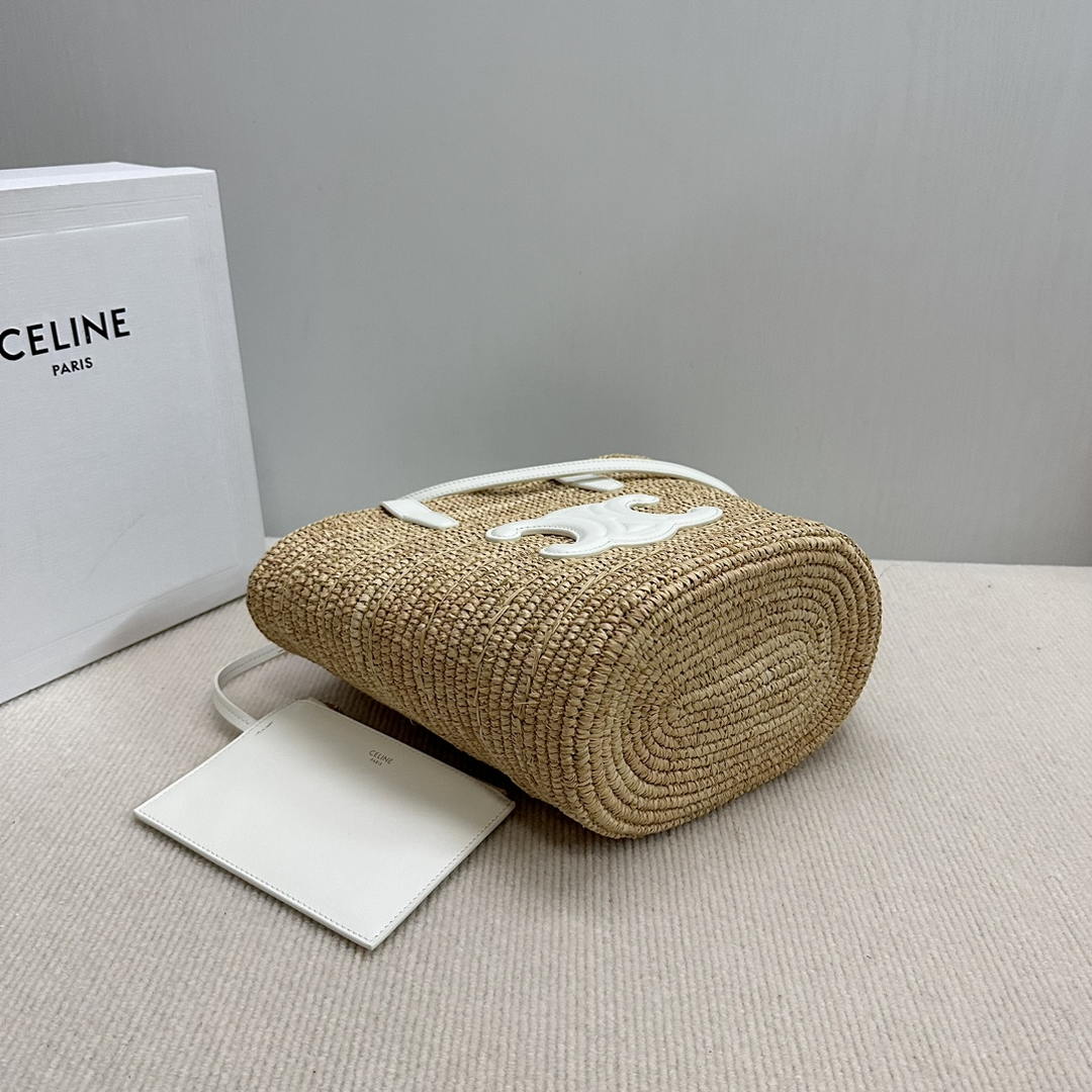 CELINE TEEN SUPPLE CELINE CLASSIC PANIER IN Raffia and calfskin 115802 Nature White