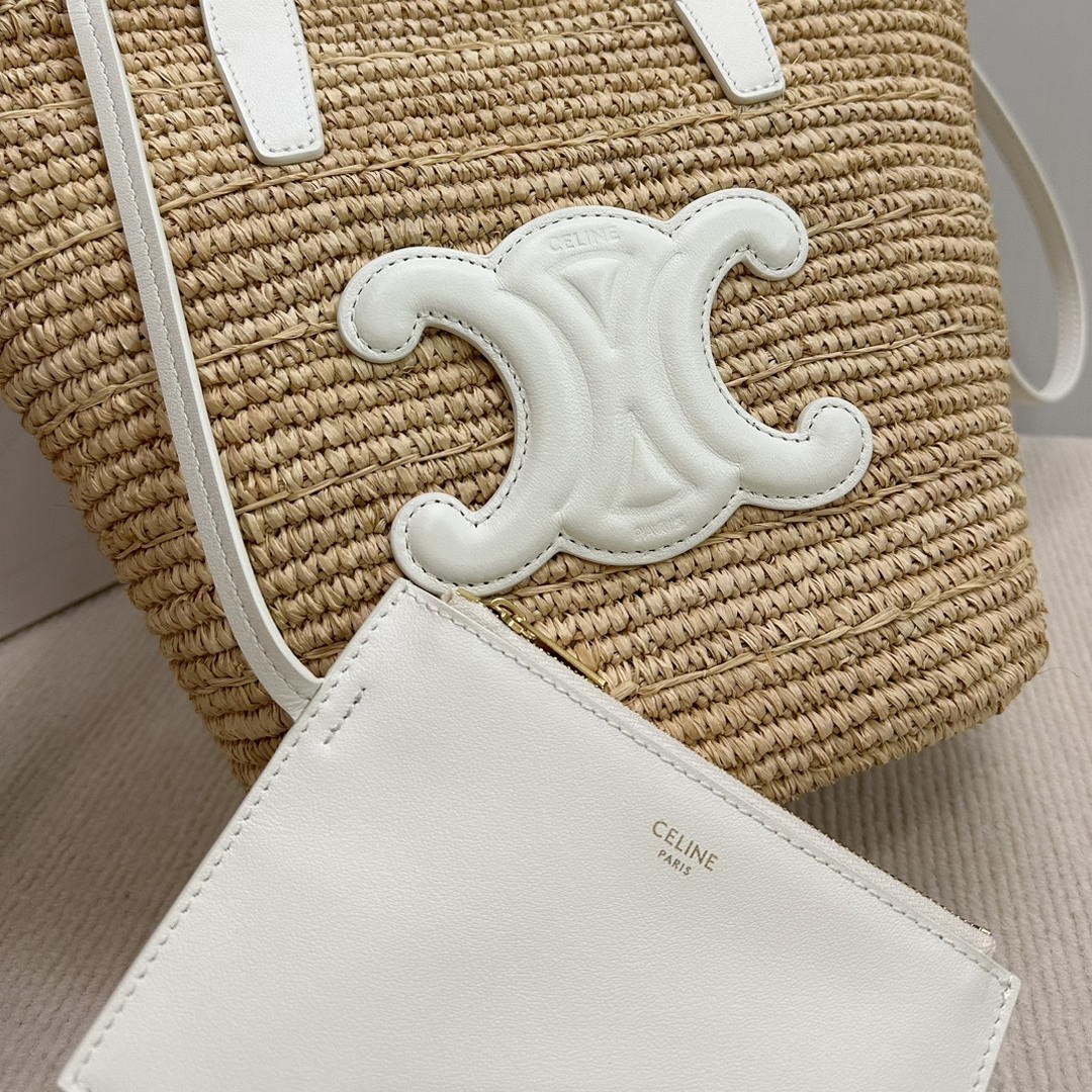 CELINE TEEN SUPPLE CELINE CLASSIC PANIER IN Raffia and calfskin 115802 Nature White