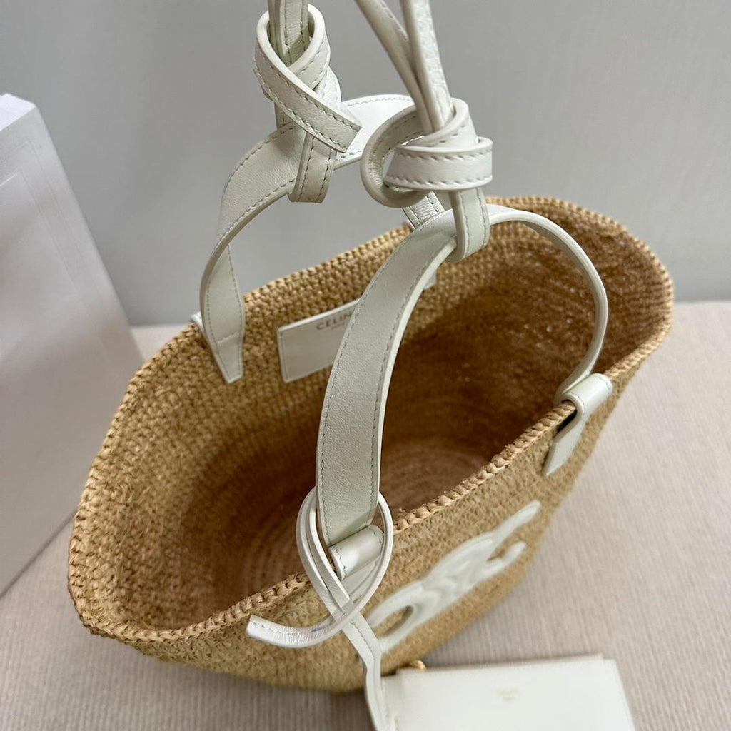 CELINE TEEN SUPPLE CELINE CLASSIC PANIER IN Raffia and calfskin 115802 Nature White