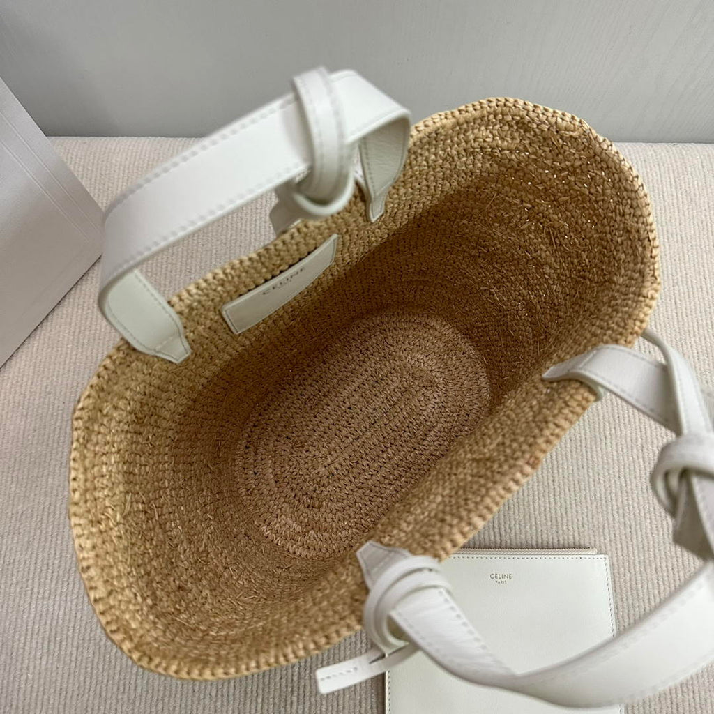 CELINE TEEN SUPPLE CELINE CLASSIC PANIER IN Raffia and calfskin 115802 Nature White