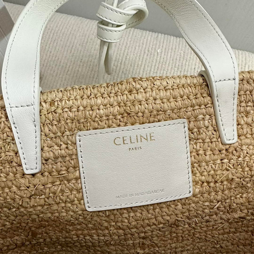 CELINE TEEN SUPPLE CELINE CLASSIC PANIER IN Raffia and calfskin 115802 Nature White