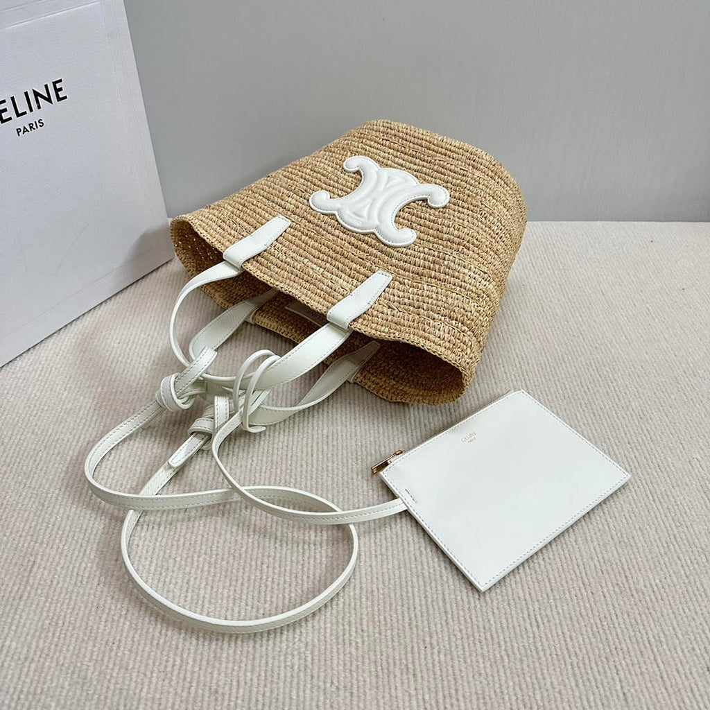 CELINE TEEN SUPPLE CELINE CLASSIC PANIER IN Raffia and calfskin 115802 Nature White