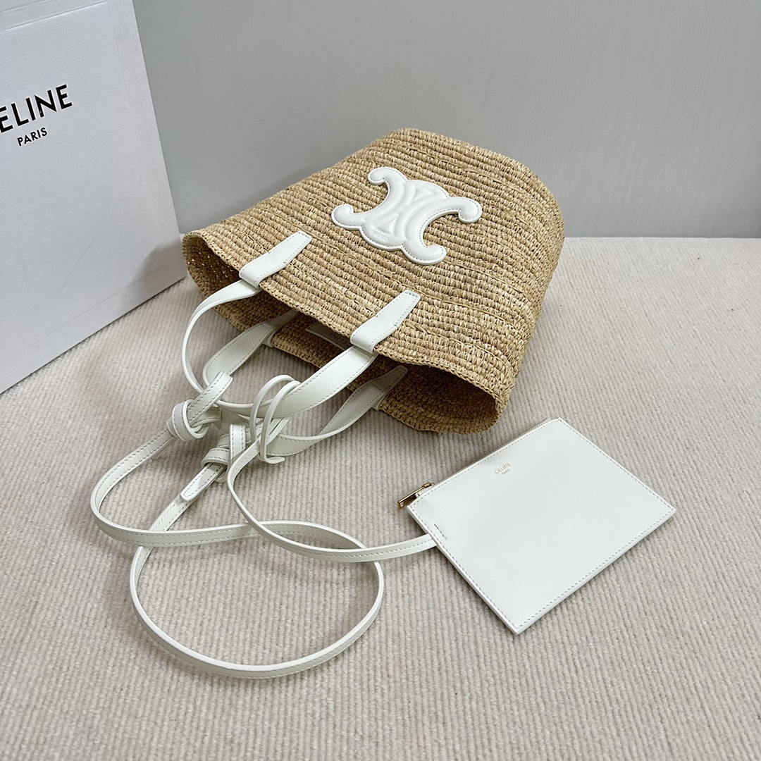CELINE TEEN SUPPLE CELINE CLASSIC PANIER IN Raffia and calfskin 115802 Nature White