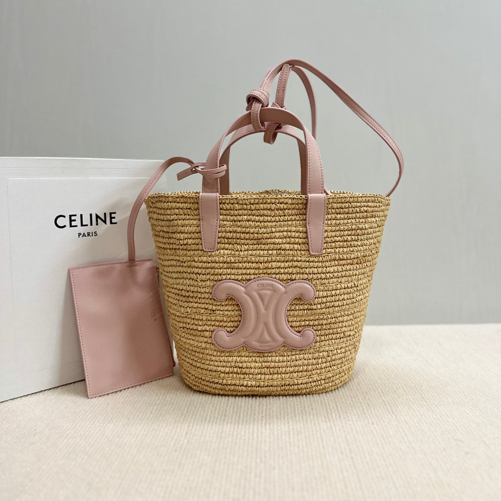 CELINE TEEN SUPPLE CELINE CLASSIC PANIER IN Raffia and calfskin 115802 Nature Pink