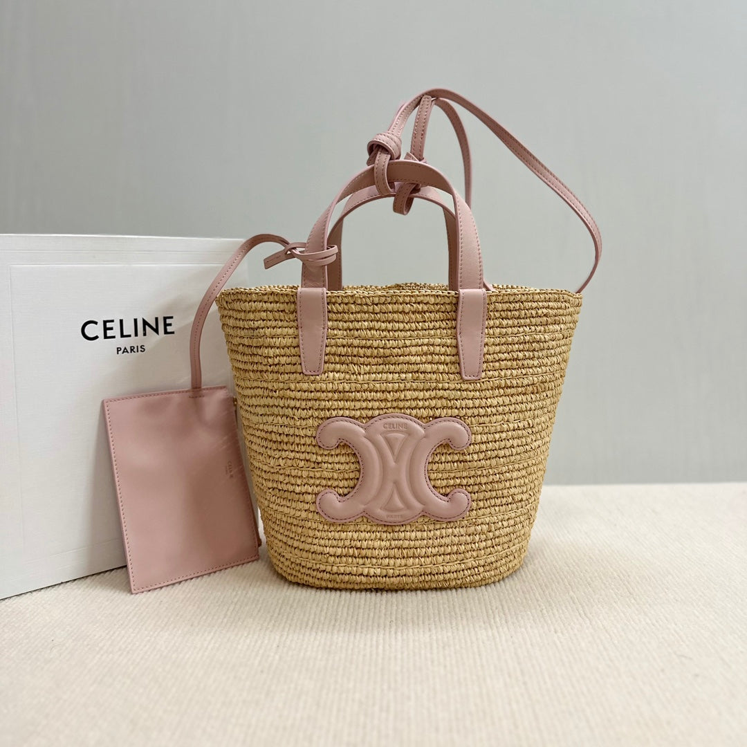 CELINE TEEN SUPPLE CELINE CLASSIC PANIER IN Raffia and calfskin 115802 Nature Pink