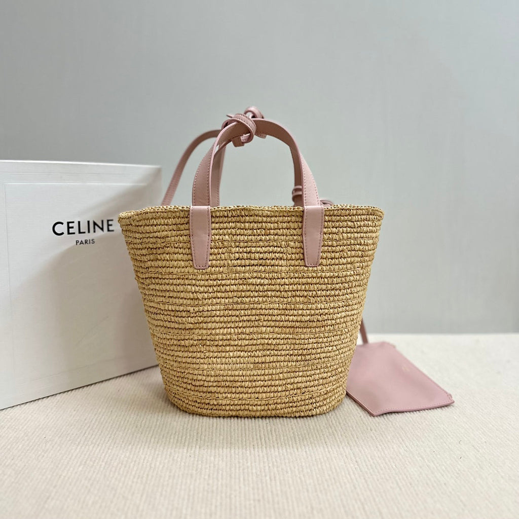CELINE TEEN SUPPLE CELINE CLASSIC PANIER IN Raffia and calfskin 115802 Nature Pink