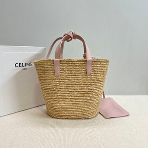 CELINE TEEN SUPPLE CELINE CLASSIC PANIER IN Raffia and calfskin 115802 Nature Pink - Default Title - View 2