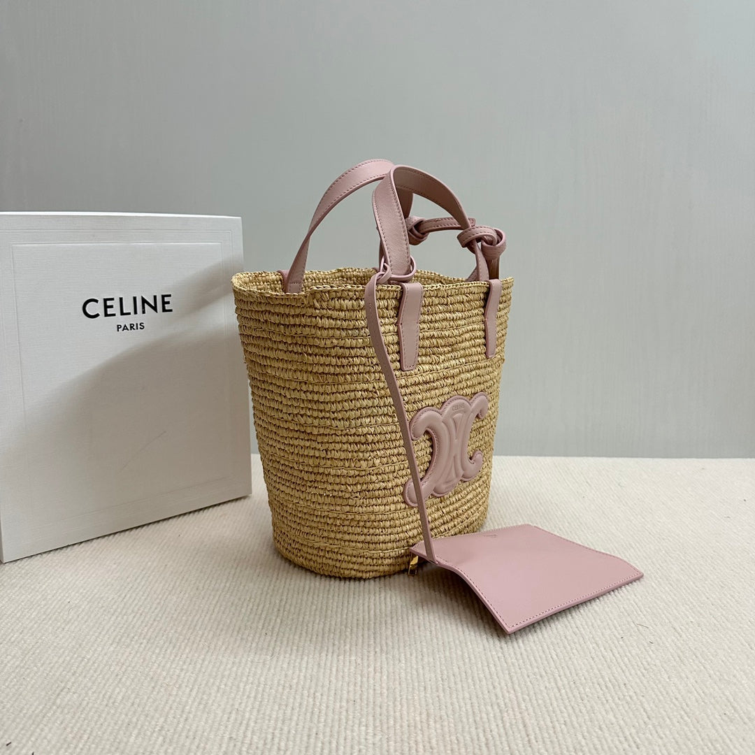 CELINE TEEN SUPPLE CELINE CLASSIC PANIER IN Raffia and calfskin 115802 Nature Pink