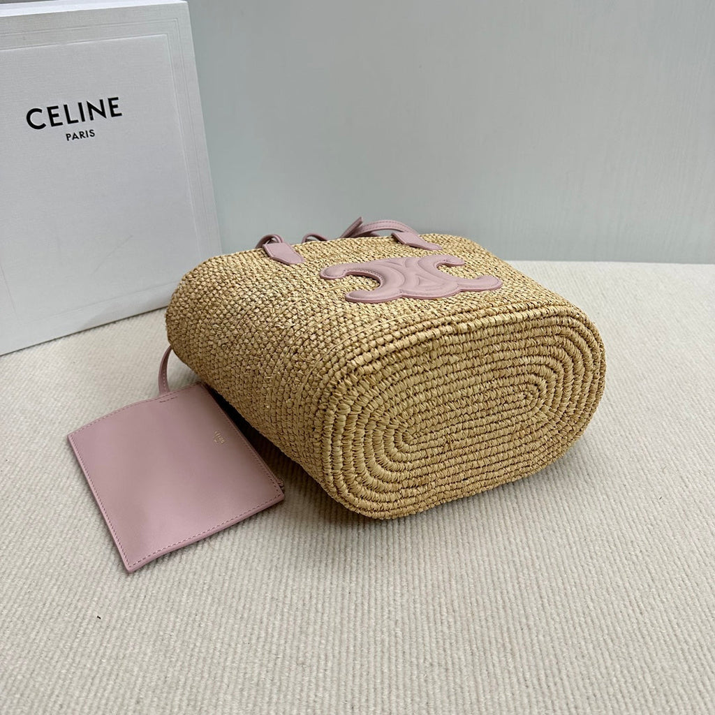 CELINE TEEN SUPPLE CELINE CLASSIC PANIER IN Raffia and calfskin 115802 Nature Pink
