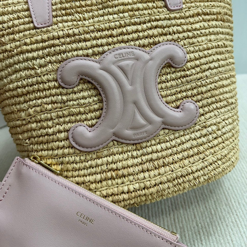 CELINE TEEN SUPPLE CELINE CLASSIC PANIER IN Raffia and calfskin 115802 Nature Pink