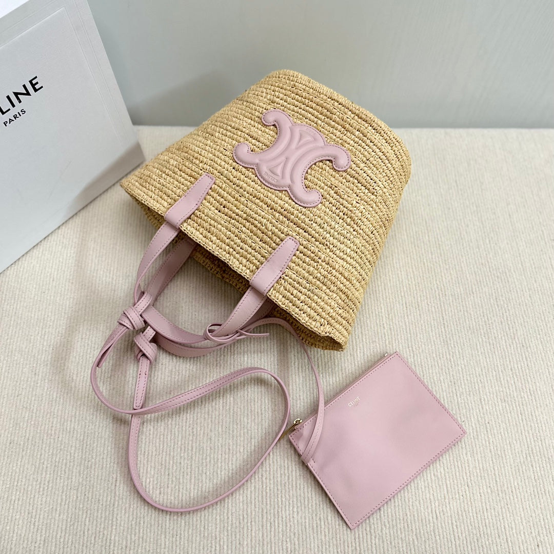 CELINE TEEN SUPPLE CELINE CLASSIC PANIER IN Raffia and calfskin 115802 Nature Pink