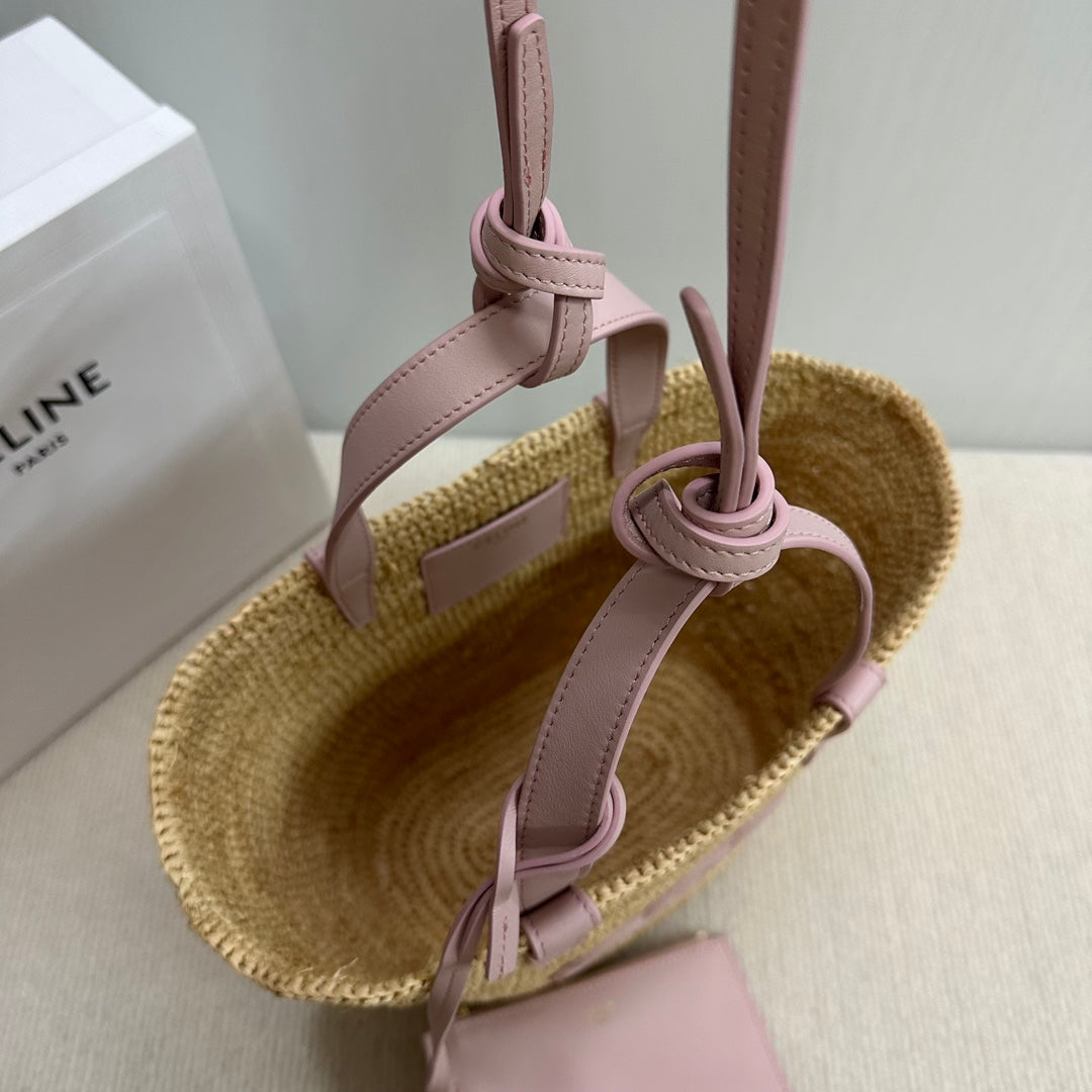 CELINE TEEN SUPPLE CELINE CLASSIC PANIER IN Raffia and calfskin 115802 Nature Pink