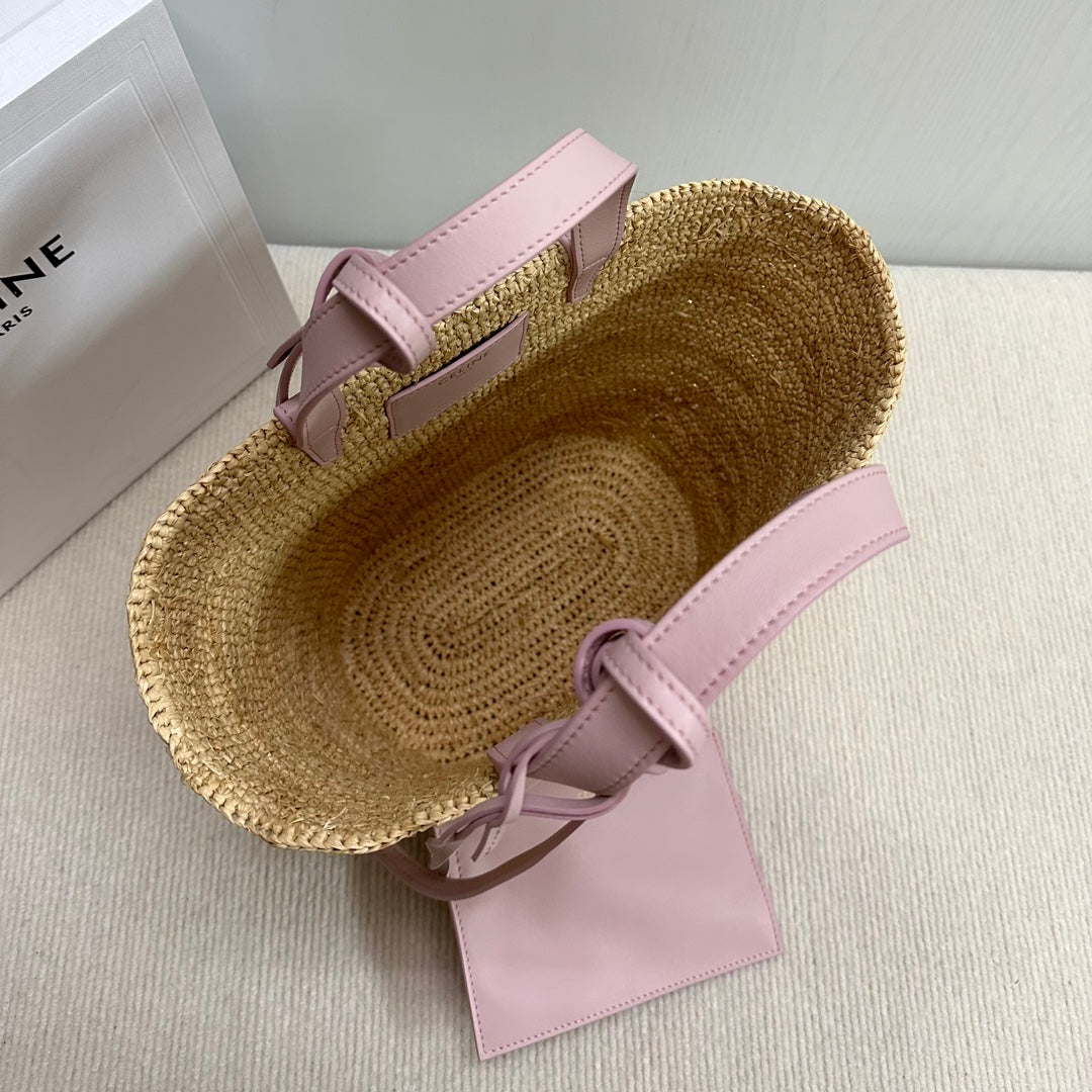 CELINE TEEN SUPPLE CELINE CLASSIC PANIER IN Raffia and calfskin 115802 Nature Pink