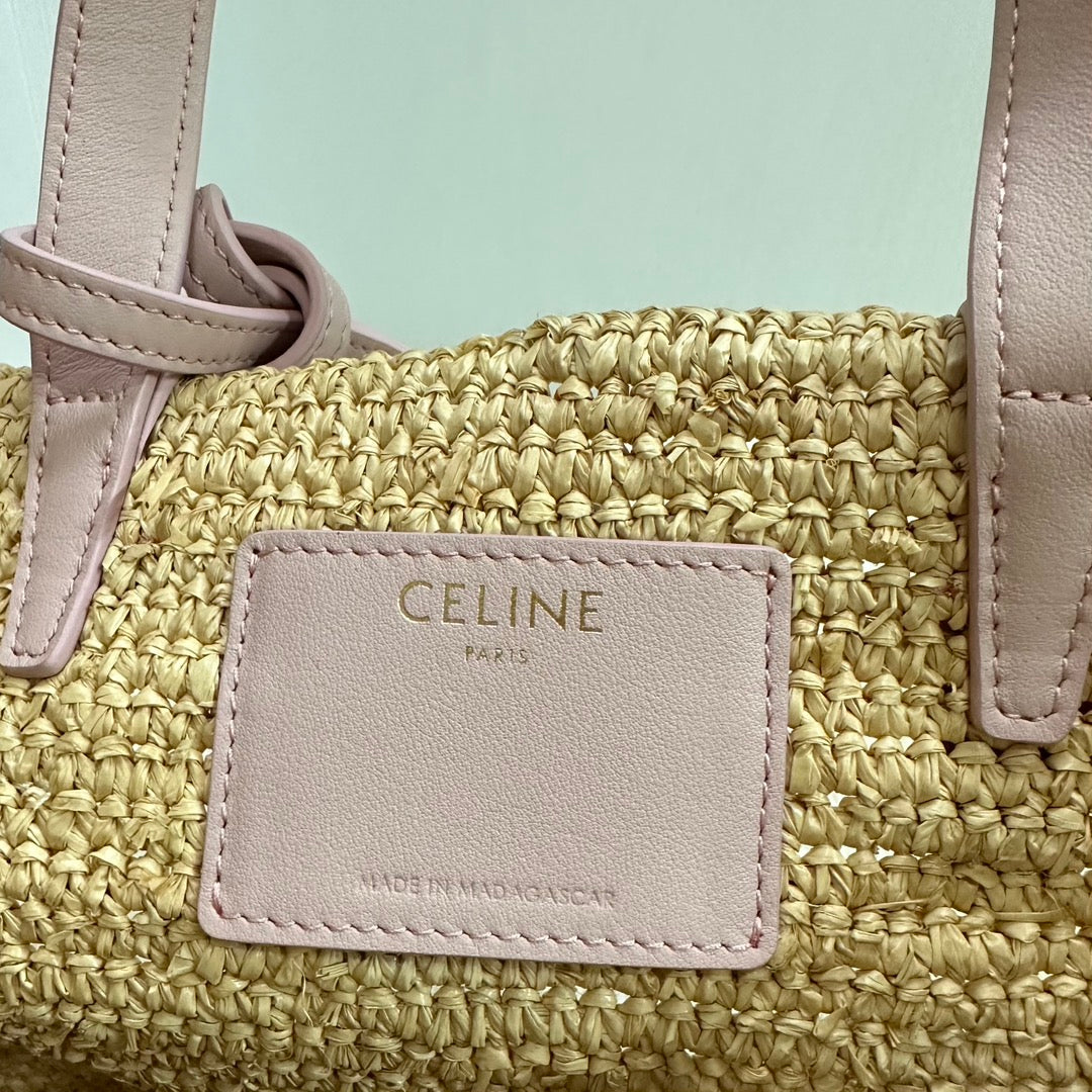 CELINE TEEN SUPPLE CELINE CLASSIC PANIER IN Raffia and calfskin 115802 Nature Pink