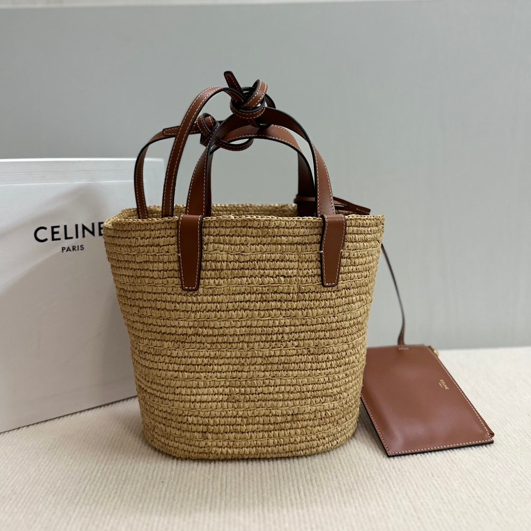 CELINE TEEN SUPPLE CELINE CLASSIC PANIER IN Raffia and calfskin 115802 Nature Brown