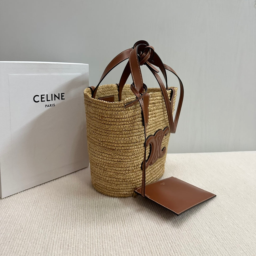CELINE TEEN SUPPLE CELINE CLASSIC PANIER IN Raffia and calfskin 115802 Nature Brown