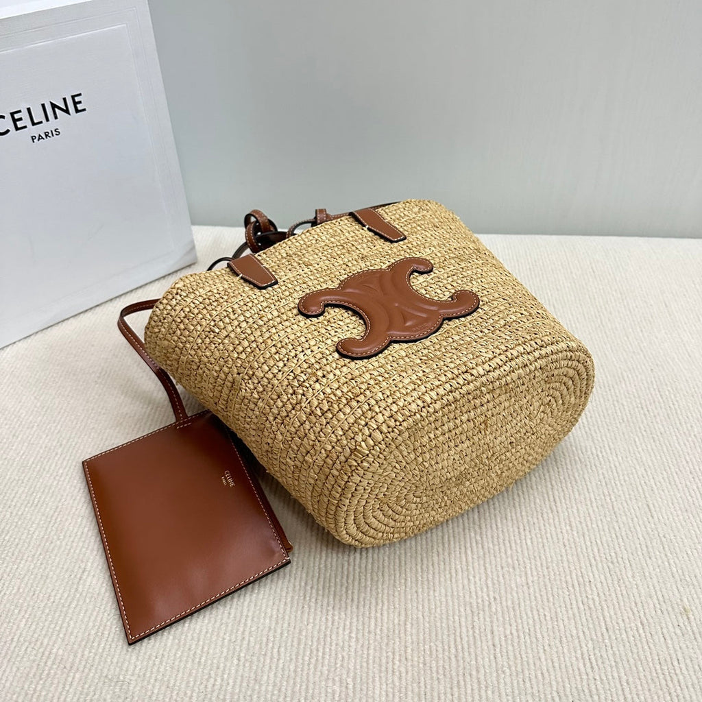 CELINE TEEN SUPPLE CELINE CLASSIC PANIER IN Raffia and calfskin 115802 Nature Brown