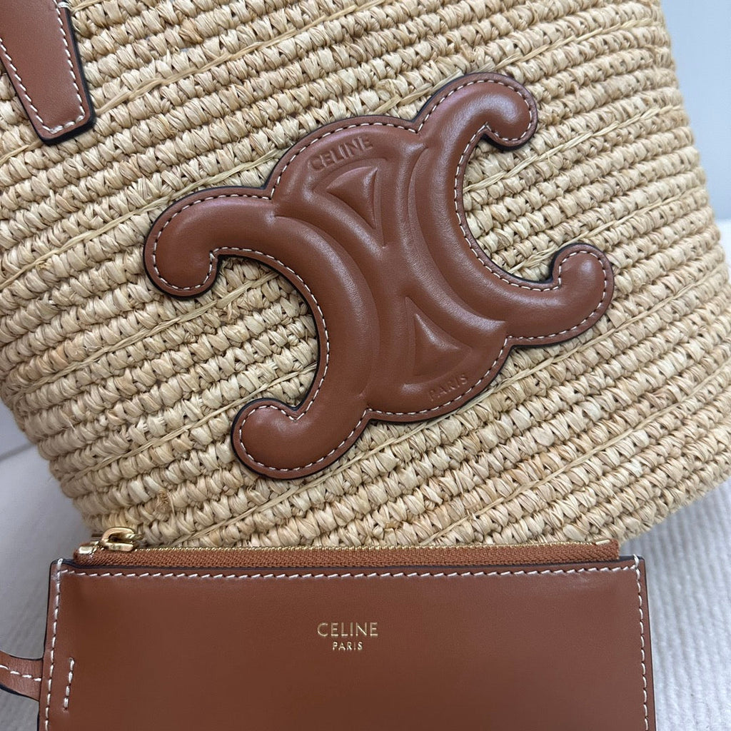 CELINE TEEN SUPPLE CELINE CLASSIC PANIER IN Raffia and calfskin 115802 Nature Brown