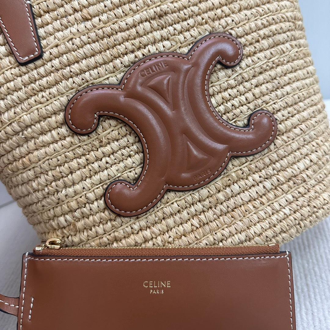 CELINE TEEN SUPPLE CELINE CLASSIC PANIER IN Raffia and calfskin 115802 Nature Brown