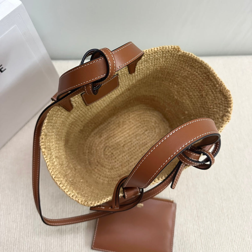 CELINE TEEN SUPPLE CELINE CLASSIC PANIER IN Raffia and calfskin 115802 Nature Brown
