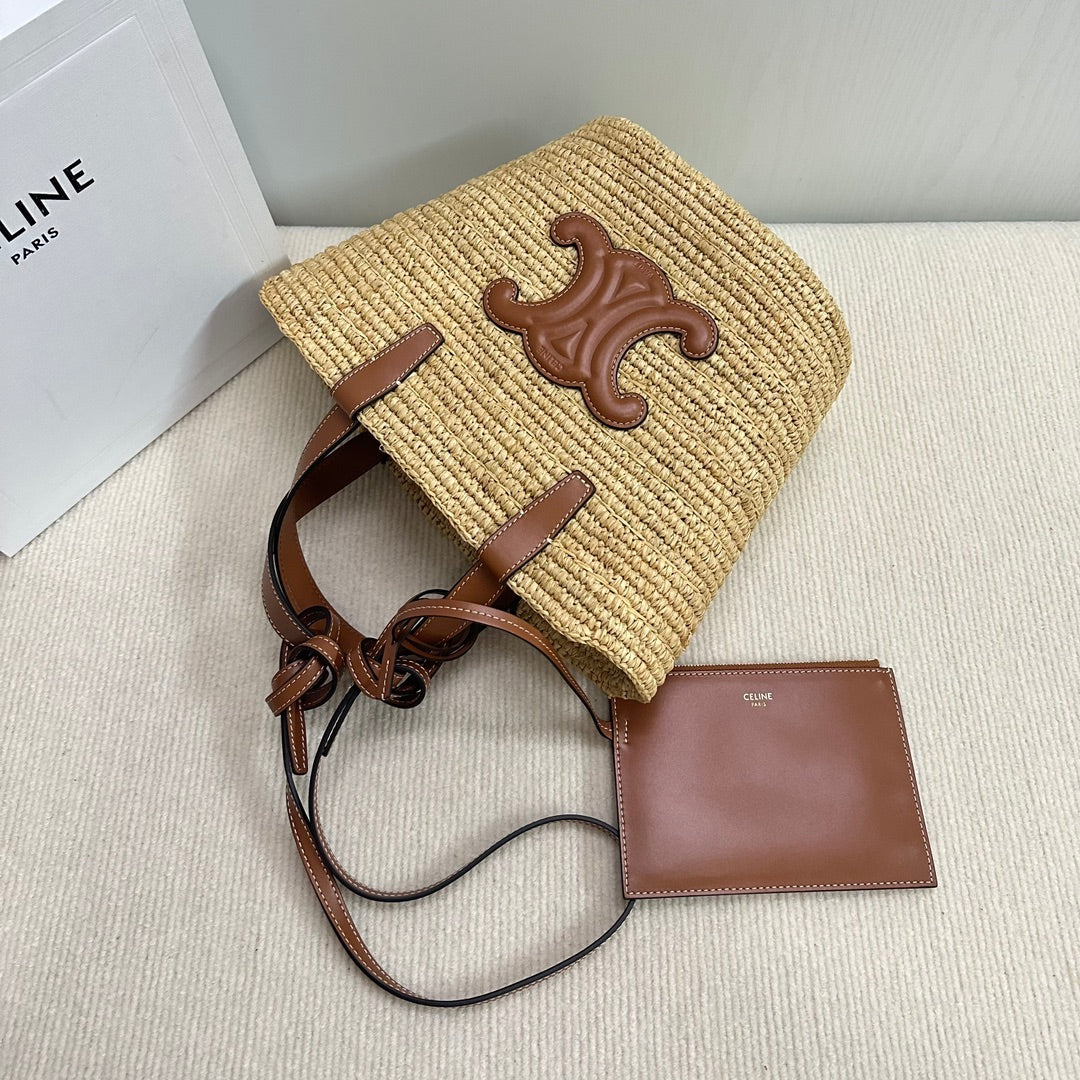 CELINE TEEN SUPPLE CELINE CLASSIC PANIER IN Raffia and calfskin 115802 Nature Brown