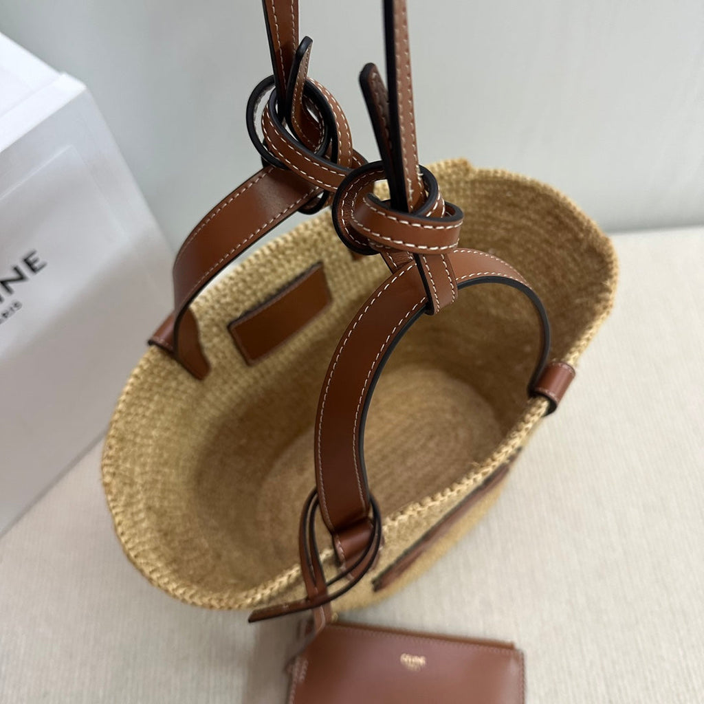 CELINE TEEN SUPPLE CELINE CLASSIC PANIER IN Raffia and calfskin 115802 Nature Brown