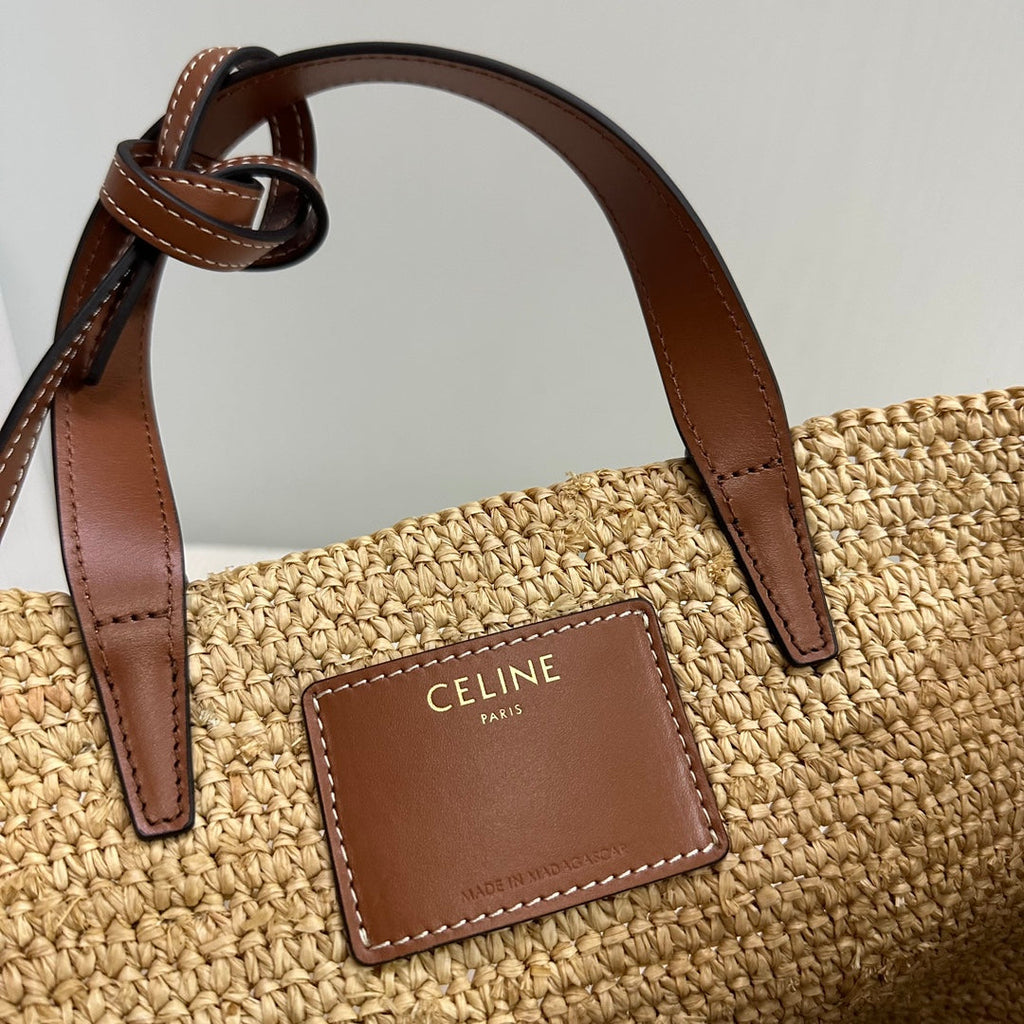 CELINE TEEN SUPPLE CELINE CLASSIC PANIER IN Raffia and calfskin 115802 Nature Brown