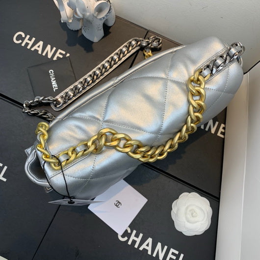 Chanel 19 Large Handbag Lambskin Gold AS1161 Silvery