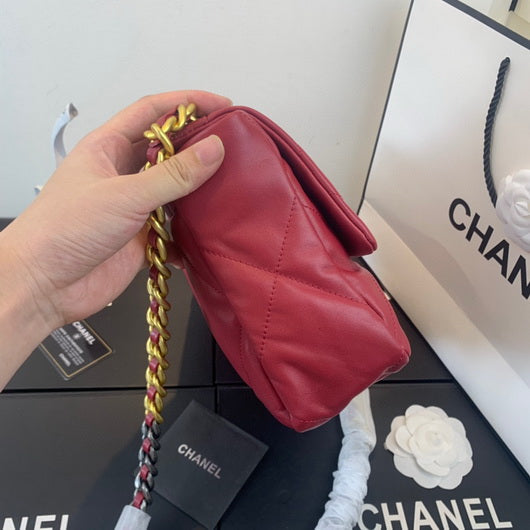 Chanel 19 Large Handbag Lambskin Gold AS1161 Wind Red