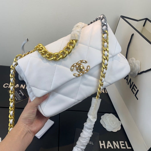 Chanel 19 Large Handbag Lambskin Gold AS1161 White - Default Title - View 1