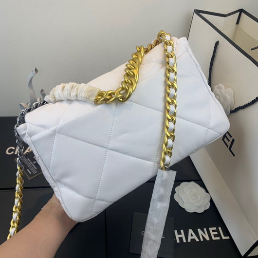 Chanel 19 Large Handbag Lambskin Gold AS1161 White