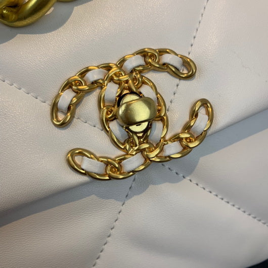 Chanel 19 Large Handbag Lambskin Gold AS1161 White