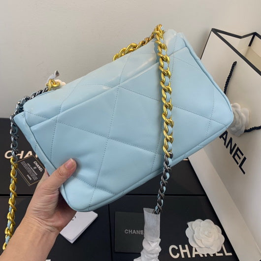 Chanel 19 Large Handbag Lambskin Gold AS1161 Light Blue